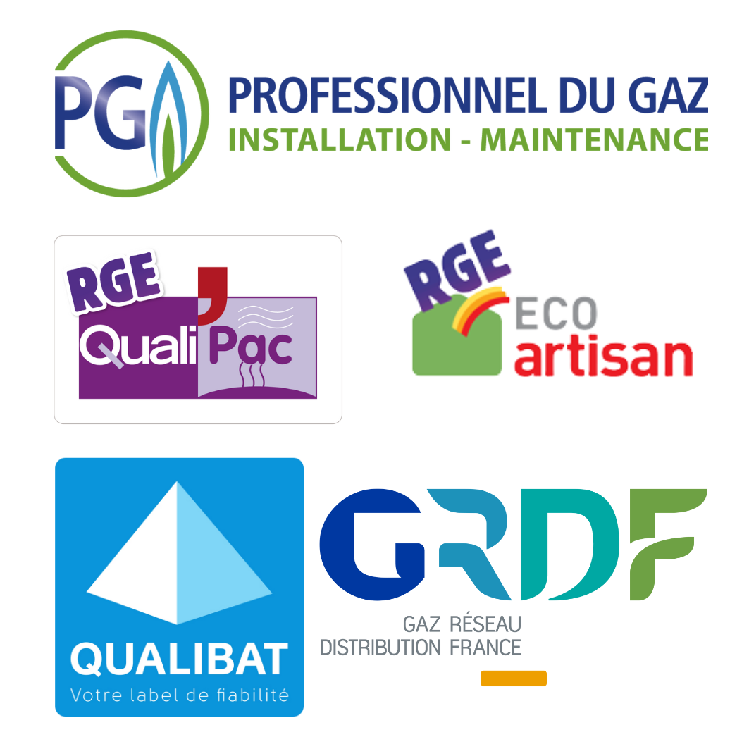 Labels de l'entreprise ETS Vincent : REGE QualiPAC, QualiBAT, GRDF, RGE artisan éco